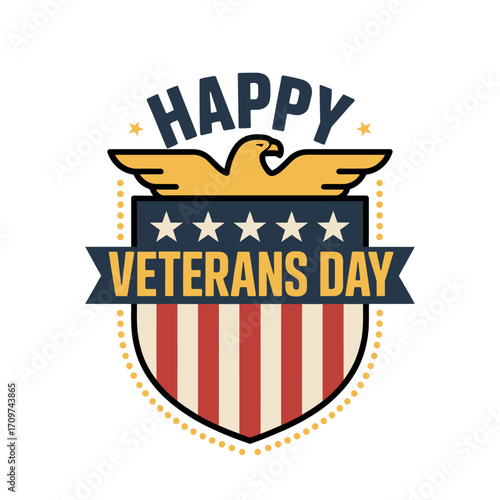Happy veterans day shield, crest with stripes, gold border ribbon, star symbols, patriotic emblem, vintage vector design