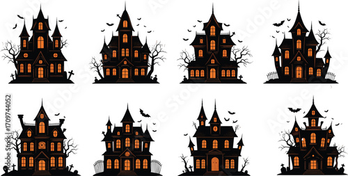 Set of eight spooky haunted houses with glowing windows, bats flying, creepy trees, graveyards, and Halloween night atmosphere vectors