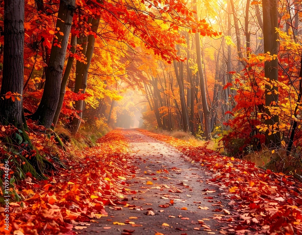 Fototapeta premium Autumn Forest Path Covered with Oranges and Red Leaves