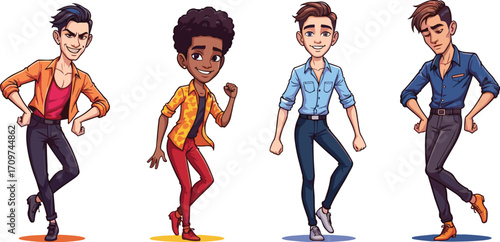 Animated male dancers in stylish outfits, expressive poses, modern fashion, confident stance, vibrant colors, youth energy, character illustration, dance movement, trendy design