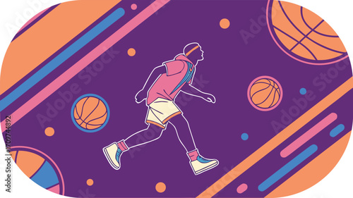 Basketball player silhouette running with basketballs and colorful abstract lines action