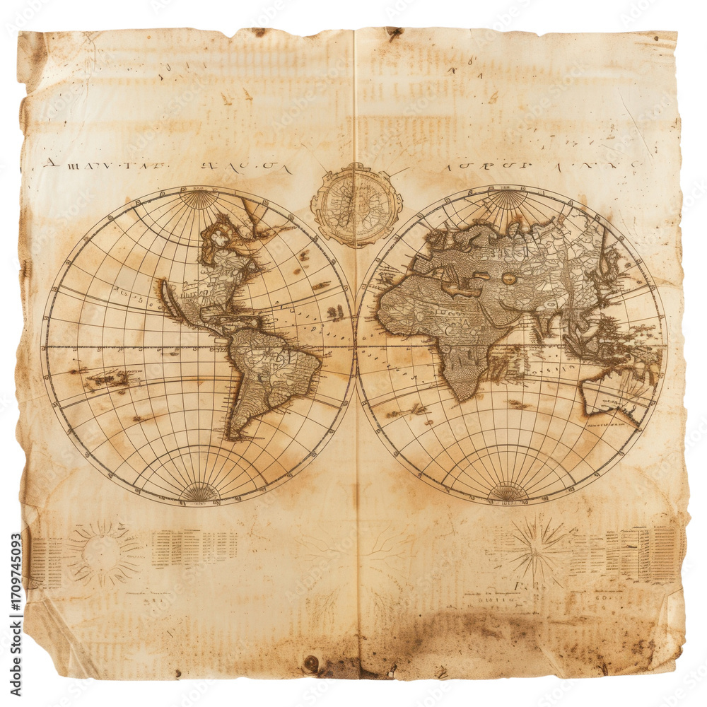 Obraz premium Antique world map showing the continents on aged parchment background