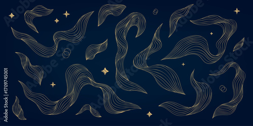 Set of abstract Japanese vector background, golden waves logos, sparkling ornaments, textures, celestial motifs. Luxury posters, decorative patterns, magic design