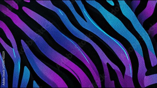 Iridescent black and violet zebra pattern with neon blue reflections creating surreal visual waves. Abstract design concept

