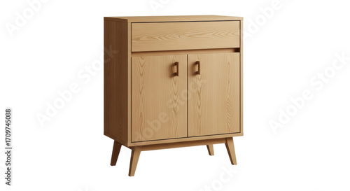 Isolated wooden cabinet with drawer, light tone wood storage furniture, no background