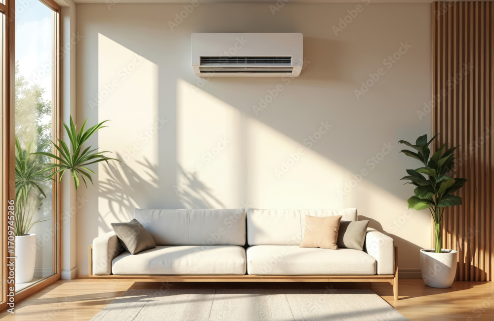 Fototapeta premium Modern living room with efficient air conditioner on wall. White couch, large windows, potted plants create comfort. Precise temperature control keeps room cool on hot summer day.