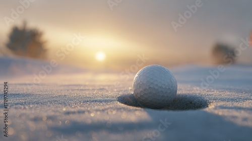 Golf Ball in Winter Wonderland: A golf ball rests in the hole amidst a snow-covered course at sunrise, the cold air creating a mesmerizing visual.
