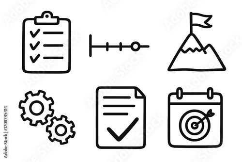 Project management silhouette icon set. featuring checklist, timeline, mountain, gears, document, and target calendar