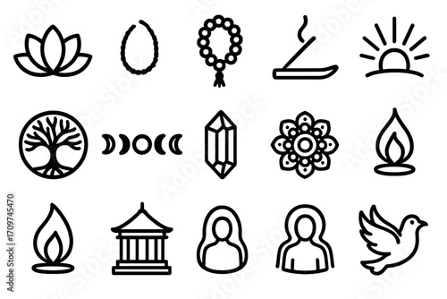 Spiritual elements linear icon set. featuring lotus, prayer beads, incense, sun, moon phases, and crystal symbols