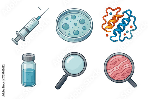 Science equipment colored icon set. featuring syringe, petri dish, dna, vaccine, magnifying glasses.