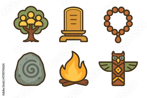 Cultural heritage flat icon set. featuring family, monument, necklace, stone, fire, and totem symbols