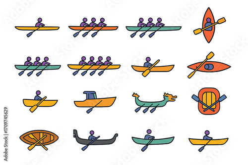 Boating activities silhouette icon set. featuring rowboat, kayak, canoe, dragon boat, and inflatable raft symbols