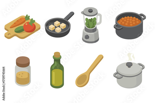 Cooking ingredients flat icon set. featuring vegetables, tofu, blender, pot, spice, oil, spoon, pan symbols