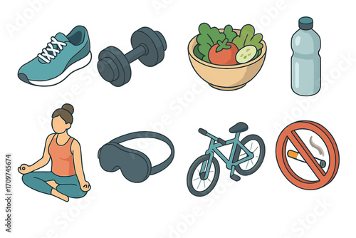 Health and wellness flat icon set. featuring shoe, dumbbell, salad, bottle, yoga, mask, bike, no-smoking