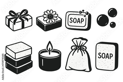 Bath and spa flat icons set. featuring gift, flower, soap, bubbles, candle, sachet, and bar symbols