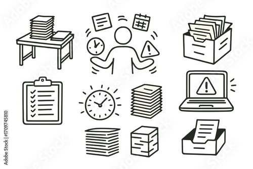 Office essentials linear icon set. featuring juggling tasks, files, clock, alert, checklist, desk, laptop