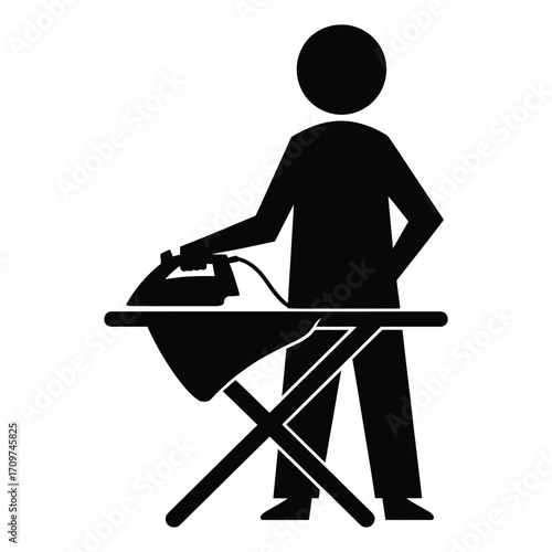 Silhouette of a person ironing clothes on an ironing board with a steam iron