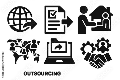 Outsourcing silhouette icon set. featuring globe, document, handshake, gear, computer, and home symbols