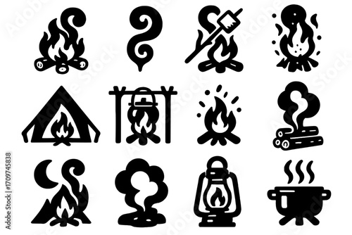 Camping silhouette icon set. featuring campfire, tent, lantern, smoke, cooking, and marshmallow symbols