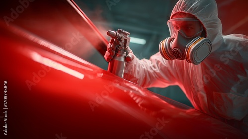 Fototapeta Naklejka Na Ścianę i Meble -  Man in protective suit painting a car with spray gun in automotive industry, concept for car manufacturing, auto refinishing and industrial protection