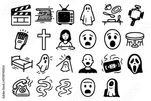 Horror linear icon set. featuring ghost, scream, haunted house, cross, zombie, and mask symbols