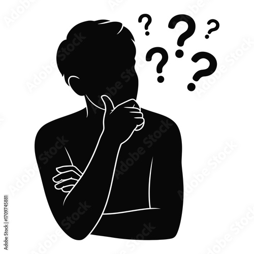 Silhouette of a person with arms crossed and thumb to chin contemplating with question marks