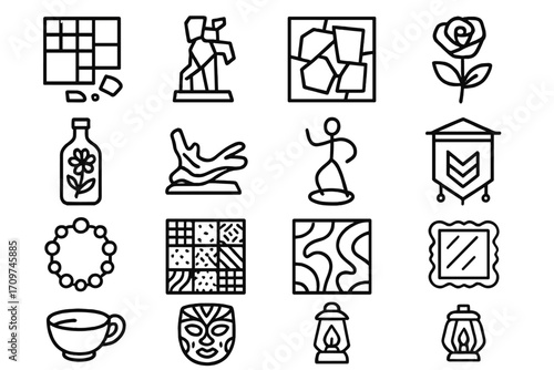 Art and craft linear icons set. featuring mosaic, statue, abstract, rose, frame, mask, lantern, and teacup symbols