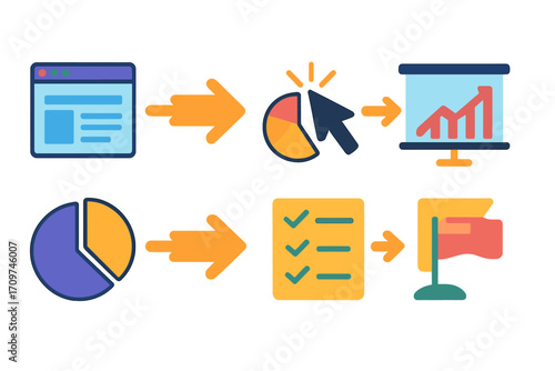Business development flat icon set. featuring website, pie chart, presentation, checklist, and flag icons