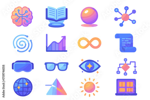 Artificial intelligence flat icon set. featuring brain, book, sphere, network, spiral, chart, infinity, document