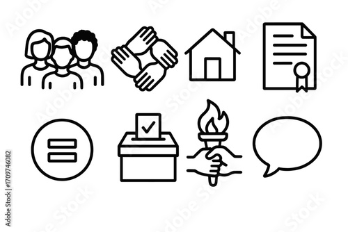 Civic engagement linear icon set. featuring community, unity, home, document, equality, voting, torch, speech