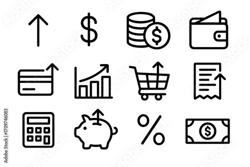 Finance linear icon set. featuring growth, dollar, coins, wallet, card, chart, shopping cart, receipt, calculator