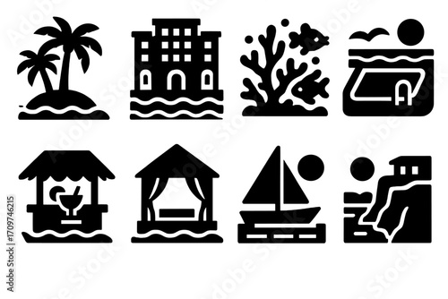 Travel and leisure silhouette icon set. featuring beach, hotel, coral, pool, bar, gazebo, boat, and cliff symbols