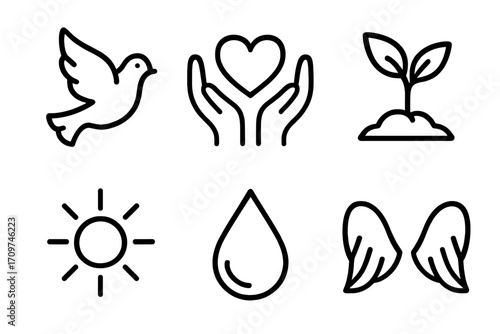 Nature and peace linear icon set. featuring dove, heart hands, sprout, sun, droplet, and wings symbols