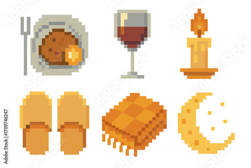 Cozy autumn silhouette icon set. featuring turkey, wine, candle, slippers, blanket, crescent