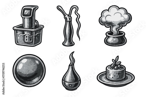 Magic and potion themed silhouette icon set. featuring potion bottles, cauldrons, smoke, bubbles, candles, magic dessert
