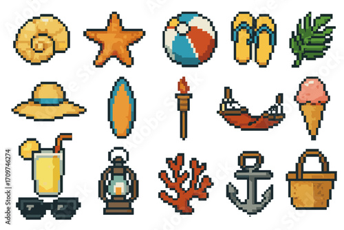 Beach and summer silhouette icon set. featuring shell, starfish, beach ball, flip flops, leaf, hat, surfboard, torch, hammock, ice cream, lemonade, lantern, coral, anchor, and bag.