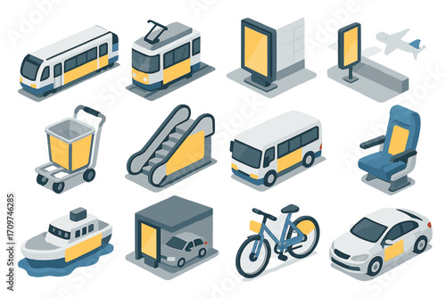Transport isometric icon set. featuring tram, bus, airplane, bike, car, ferry, shopping cart, and billboard symbols