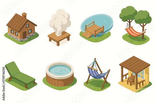 Camping and outdoor flat icon set. featuring cabin, campfire, lake, hammock, lounger, hot tub, hammock stand, porch