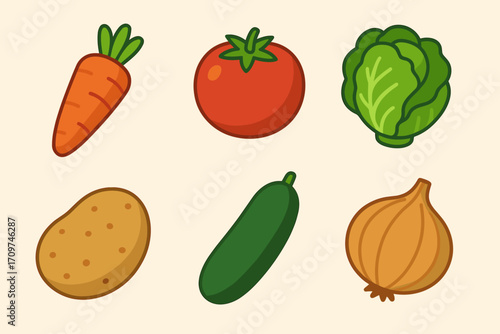 Vegetables flat icon set. featuring carrot, tomato, lettuce, potato, cucumber, onion