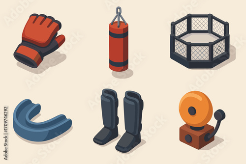 Martial arts isometric icon set. featuring gloves, punching bag, arena, mouthguard, boots, bell