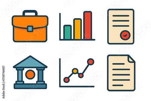 Business and analytics flat icon set. featuring briefcase, bar chart, document, bank, line graph, and report symbols