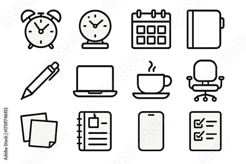 Office tools linear icon set. includes clock, calendar, notebook, pen, laptop, coffee, chair, notes, diary, checklist.