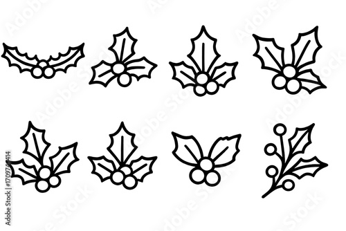 Christmas holly silhouette icon set. featuring festive leaves and berries in various styles