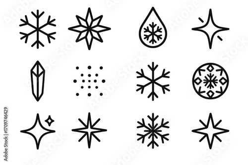 Winter elements silhouette icon set. featuring snowflake, star, crystal, raindrop, and sparkle symbols