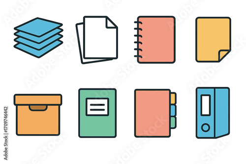 Office supplies flat icon set. featuring paper, folder, notebook, binder, archive, and file symbols