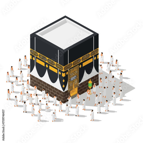 Isometric illustration of Muslim pilgrims around the sacred Kaaba in Mecca, representing the Hajj pilgrimage and spiritual unity.