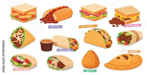 Fast food. club sandwich, BLT, grilled cheese, sloppy joe, quesabirria, chicken wrap, falafel wrap, pita sandwich, arancini, calzone. Flat vector illustrations isolated on a white background