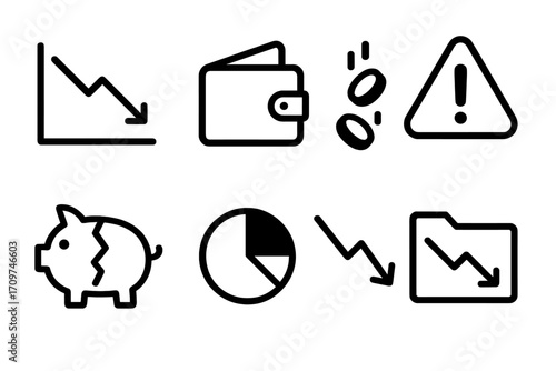 Financial crisis silhouette icon set. featuring graph, wallet, coins, warning, piggy bank, chart, folder symbols