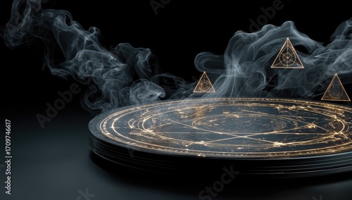 Dark, circular, mystical platform with golden symbols and smoke