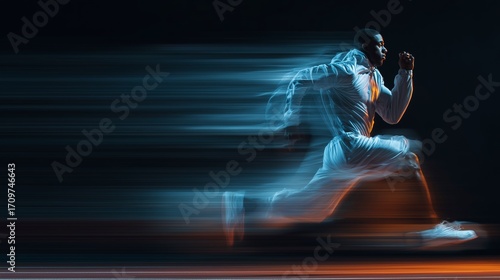 African runner in white sportswear sprinting right with motion blur and empty space on left for text background